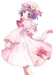 1girl alternate_hair_length alternate_hairstyle blush bow bowtie capelet crescent crescent_hair_ornament dress from_behind hair_bow hair_ornament hat looking_at_viewer mob_cap parted_lips patchouli_knowledge pink_dress purple_hair short_hair touhou twirl vanilla_(miotanntann) violet_eyes 