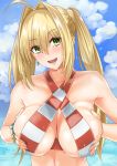  1girl ahoge bikini blonde_hair blush breast_grab breasts criss-cross_halter earrings eyebrows_visible_through_hair fate/grand_order fate_(series) gachou grabbing green_eyes hair_between_eyes hair_intakes halterneck jewelry large_breasts long_hair looking_at_viewer navel nero_claudius_(swimsuit_caster)_(fate) open_mouth saber_extra sky smile solo striped striped_bikini swimsuit twintails upper_body wet 