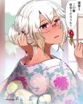  1girl alternate_costume alternate_hairstyle dark_skin floral_print glasses hair_bun hair_up japanese_clothes kantai_collection kimono looking_back masago_(rm-rf) musashi_(kantai_collection) open_mouth red_eyes rimless_glasses solo speech_bubble translation_request twitter_username white_hair 