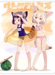  2girls animal_ears barefoot bikini black_hair blonde_hair captain_yue common_raccoon_(kemono_friends) competition_swimsuit day fennec_(kemono_friends) food fox_ears fox_tail fruit full_body innertube japari_symbol kemono_friends multiple_girls navel one-piece_swimsuit open_mouth pink_bikini popsicle raccoon_ears raccoon_tail school_swimsuit short_hair stick swimsuit tail watermelon 