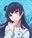  1girl bangs blue_background blue_hair blue_jacket blunt_bangs blush buttons closed_mouth collarbone commentary_request eyebrows_visible_through_hair face_mask head_tilt jacket lips long_hair long_sleeves looking_at_viewer love_live! love_live!_school_idol_project mask mask_removed pink_eyes pinky_out side_bun smile solo tonee tsushima_yoshiko 