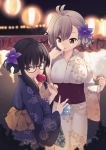  2girls ahoge bangs black_hair blue_kimono brown_eyes candy_apple festival floral_print flower food glasses grey_hair hair_flower hair_ornament holding holding_food japanese_clothes kimono lantern looking_at_another looking_at_viewer multiple_girls natsuki_teru nekomiya_ryuu night obi original paper_lantern parted_lips purple-framed_eyewear purple_flower sash shikibe_ayaka short_hair short_hair_with_long_locks sidelocks smile tsurime water_balloon white_kimono wide_sleeves yukata 