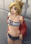  1girl bangs belt blonde_hair collarbone crop_top cuboon denim denim_shorts eyebrows_visible_through_hair fate/apocrypha fate_(series) green_eyes jacket long_hair looking_at_viewer navel open_clothes open_jacket parted_bangs parted_lips ponytail saber_of_red short_shorts shorts sidelocks solo teeth twitter_username 