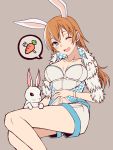  animal_ears blue_eyes bracelet breasts carrot charlotte_e_yeager cleavage fork jewelry large_breasts long_hair looking_at_viewer momiji7728 navel one_eye_closed open_mouth orange_hair rabbit rabbit_ears shorts simple_background sitting spoken_food spoken_object strike_witches tan_background world_witches_series 