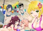  &gt;_&lt; 5girls :3 ;d asymmetrical_docking ball bangs beach beach_chair beach_umbrella beachball bendy_straw bikini black_eyes black_hair blonde_hair blue_bikini blue_eyes blush bottle bow bracelet breast_press breasts brown_hair cleavage commentary_request cooler cup dated day drink drinking_glass drinking_straw flower green_eyes grey_hair hair_bow hair_flower hair_ornament halter_top halterneck hayami_kanade holding ichinose_shiki idolmaster idolmaster_cinderella_girls inflatable_banana inflatable_toy jewelry jougasaki_mika large_breasts lipps_(idolmaster) long_hair looking_at_viewer miyamoto_frederica mokyutan multiple_girls necklace one_eye_closed open_mouth outdoors parted_bangs pink_bikini pink_hair purple_bikini red_bikini sand shiomi_shuuko short_hair sitting smile sunglasses sunglasses_on_head swimsuit table two_side_up umbrella v water wavy_hair 