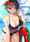  1girl absurdres bikini black_hair blue_bikini blue_sky blush breasts cleavage closed_mouth clouds day flower flying_sweatdrops frilled_bikini frills hair_flower hair_ornament highres innertube kaga_(kantai_collection) kantai_collection looking_at_viewer navel ocean revision sky smile solo suika_(atelier-yuu) sweat swimsuit wet yellow_eyes 