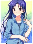  1girl blue_hair blue_shirt brown_eyes collarbone eyebrows_visible_through_hair idolmaster kisaragi_chihaya long_hair looking_at_viewer shirt smile solo upper_body very_long_hair yuuki_keisuke 