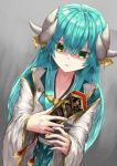  absurdres fate/grand_order fate_(series) green_hair highres japanese_clothes looking_at_viewer multiple_horns shaded_face solo yellow_eyes 