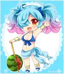  1girl alternate_costume artist_name bikini bikini_top blush bow bracelet breasts chibi cleavage fang fire_emblem fire_emblem_heroes fire_emblem_if food fruit full_body hair_over_one_eye jewelry long_hair momosemocha orange_eyes pieri_(fire_emblem_if) sandals solo swimsuit twintails watermelon 