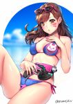  1girl aruma_jiki bikini blue_bikini blue_sky blush breasts brown_eyes brown_hair clouds commentary_request cute d.va_(overwatch) day eyebrows_visible_through_hair facial_mark gun hand_on_own_chest handgun holding holding_gun holding_weapon long_hair looking_at_viewer medium_breasts moe nail_polish open_mouth outside_border overwatch pink-framed_eyewear pink_nails pistol sky solo sunglasses sunglasses_on_head swimsuit weapon wind 