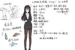  1girl ? ahoge beer_bottle beifeng_han black_hair character_profile chinese closed_eyes commentary_request dolphin drinking formal hair_between_eyes long_hair miyaura_sanshio office_lady original pantyhose pencil_skirt skirt skirt_suit solo suit translation_request violet_eyes 