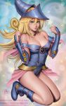  1girl :p artist_name bare_shoulders blonde_hair boots breasts choker cleavage dark_magician_girl deviantart_username green_eyes highres kneeling looking_at_viewer mirco_cabbia patreon_username solo star tongue tongue_out wand watermark web_address yu-gi-oh! 