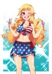  1girl :d american_flag_bikini bikini bikini_skirt blonde_hair blue_eyes breasts flag_print front-tie_bikini front-tie_top graphite_(medium) hair_down idolmaster idolmaster_cinderella_girls long_hair medium_breasts navel one_eye_closed ootsuki_yui open_mouth shiny shiny_skin smile solo sparkle_background swimsuit traditional_media very_long_hair yoshio_(sueyosie) 