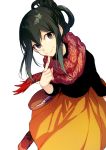  1girl :&gt; asui_tsuyu black_eyes black_hair boku_no_hero_academia commentary eyebrows_visible_through_hair finger_to_mouth hair_between_eyes hegi leaning_forward long_hair looking_at_viewer orange_skirt scarf shoes simple_background skirt smile solo standing white_background 