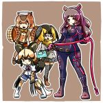  4girls african_wild_dog_(kemono_friends) animal_ears black_hair blonde_hair bodysuit campo_flicker_(kemono_friends) capybara_(kemono_friends) capybara_ears closed_eyes glasses gloves head_wings hippopotamus_(kemono_friends) hippopotamus_ears ikiume kemono_friends long_hair multicolored_hair multiple_girls open_mouth short_hair tail two-tone_hair whip 