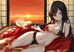  1girl black_hair breasts cleavage collarbone demon_archer fate/grand_order fate_(series) k_jin long_hair looking_at_viewer navel oda_nobunaga_(swimsuit_berserker)_(fate) pipe raised_eyebrows red_eyes robe solo sunset swimsuit thighs toned 