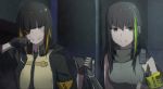  2girls armband bangs black_hair blunt_bangs brown_eyes chinese commentary_request eyebrows_visible_through_hair eyepatch fist_bump girls_frontline grin headphones headphones_around_neck jacket long_hair m16a1_(girls_frontline) m4a1_(girls_frontline) mole mole_under_eye multicolored_hair multiple_girls necktie ribbed_sweater smile streaked_hair sweater upper_body wiping_mouth xiu_jiayihuizi 
