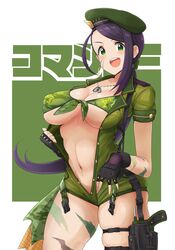  1girl beret bikini bikini_top blush bodypaint breasts camouflage camouflage_bikini center_opening cleavage commentary_request cowboy_shot dog_tags erect_nipples facepaint facial_mark gloves green_eyes gun handgun hat highres holster idolmaster idolmaster_cinderella_girls jewelry large_breasts long_hair looking_at_viewer military military_uniform nash_(na-si) navel open_mouth pistol ponytail purple_hair skindentation smile solo swimsuit teeth thigh_holster thigh_strap uniform unzipped weapon yamato_aki 