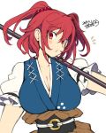  1girl :o artist_signature breasts cleavage dated dress iroyopon large_breasts obi onozuka_komachi puffy_short_sleeves puffy_sleeves red_eyes redhead sash scythe short_hair short_sleeves simple_background solo touhou two_side_up 