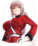  1girl belt between_breasts braid breasts fate/grand_order fate_(series) florence_nightingale_(fate/grand_order) highres isshiki_(ffmania7) large_breasts long_hair long_sleeves looking_at_viewer looking_down military military_uniform pink_hair red_eyes solo twitter_username uniform upper_body 
