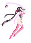  1girl black_hair blush bow breasts elbow_gloves erufa_(pixiv) full_body gloves hair_bow highleg highleg_leotard highres leotard long_hair looking_at_viewer parted_lips pink_eyes pink_legwear pink_leotard profile senki_zesshou_symphogear shiny shiny_clothes shiny_hair small_breasts thigh-highs transparent_background tsukuyomi_shirabe twintails very_long_hair yo-yo 