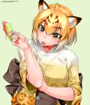  1girl animal_ears bare_arms blonde_hair dated eyebrows_visible_through_hair food frozen_fruit fruit green_background hair_between_eyes hand_up happa_(cloverppd) holding jaguar_(kemono_friends) jaguar_ears jaguar_print japanese_clothes kemono_friends kimono looking_down multicolored_hair obi sash short_hair short_sleeves signature simple_background solo tongue tongue_out tsurime upper_body watermelon wet wide_sleeves 
