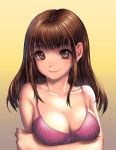  1girl bangs bare_shoulders blunt_bangs breast_hold breasts brown_eyes brown_hair cleavage closed_mouth collarbone crossed_arms eyelashes gradient gradient_background kamdia large_breasts long_hair looking_at_viewer original smile solo upper_body 