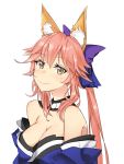  1girl animal_ears bare_shoulders blush breasts cleavage detached_sleeves fate/extra fate/extra_ccc fate/grand_order fate_(series) fox_ears hair_ribbon highres japanese_clothes large_breasts long_hair looking_at_viewer looking_to_the_side pink_hair ribbon rshow simple_background solo tamamo_(fate)_(all) tamamo_no_mae_(fate) white_background yellow_eyes 