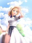  1girl :d artoria_pendragon_(all) bag blonde_hair day dress fate_(series) green_eyes hand_up hat highres holding house migiha open_clothes open_mouth outdoors revision saber sidelocks smile sun_hat 