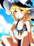  1girl beach bikini blonde_hair blush braid breasts collarbone commentary eating food footprints french_braid front-tie_bikini front-tie_top hand_on_thigh hat kirisame_marisa long_hair looking_at_viewer mouth_hold navel palm_tree popsicle seaside side_braid single_braid sitting small_breasts solo swimsuit touhou tree witch_hat yellow_eyes yururi_nano 