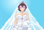  1girl absurdres ahoge bare_shoulders beifeng_han black_hair blue_background blush breasts cleavage dress gloves hair_between_eyes highres jewelry large_breasts looking_at_viewer miyaura_sanshio original outstretched_arm ring smile solo strapless strapless_dress veil violet_eyes wedding_dress wedding_ring white_gloves 