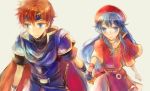  1boy 1girl armor blue_eyes blue_hair blush cape dress fire_emblem fire_emblem:_fuuin_no_tsurugi gloves hat jewelry kuzumosu lilina long_hair pantyhose redhead roy_(fire_emblem) short_hair simple_background 