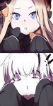  !! 2girls 2koma abigail_williams_(fate/grand_order) bangs black_bow black_dress black_hat blonde_hair blue_eyes blush bow cheek_squash comic dress eye_contact fate/grand_order fate_(series) flying_sweatdrops forehead hair_bow hat head_tilt highres horn long_hair long_sleeves looking_at_another looking_at_viewer multiple_girls nose_blush orange_bow pale_skin parted_bangs parted_lips pink_eyes polka_dot polka_dot_bow silent_comic sleeves_past_wrists v-shaped_eyebrows wadakazu wavy_mouth white_hair 
