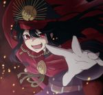  &gt;:d 1girl :d belt black_hair cape demon_archer embers family_crest fate/grand_order fate_(series) gloves hair_between_eyes hat koha-ace long_hair looking_at_viewer military military_uniform open_mouth outstretched_arm outstretched_hand peaked_cap reaching_out red_cape red_eyes smile solo uniform white_gloves wind xiu_jiayihuizi 