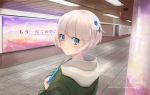  1girl bangs blue_eyes blunt_bangs blush bob_cut cd_case ceiling_light eyebrows_visible_through_hair from_behind hair_ornament hallway hinoshita_akame holding hood hood_down hooded_jacket indoors jacket long_sleeves looking_at_viewer looking_back meteora_osterreich mural re:creators revision short_hair smile solo tile_floor tiles upper_body white_hair 