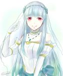  1girl bare_shoulders blue_hair bridal_veil bride dress fire_emblem fire_emblem:_rekka_no_ken fire_emblem_heroes kazame long_hair looking_at_viewer ninian red_eyes smile solo veil wedding_dress 