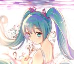  1girl air_bubble aqua_hair bangs blue_eyes bubble dress eyebrows_visible_through_hair flower from_side hair_between_eyes hair_ribbon hatsune_miku holding holding_flower long_hair looking_at_viewer purple_ribbon ribbon sidelocks solo twintails underwater upper_body vocaloid white_dress white_flower yan_(nicknikg) 