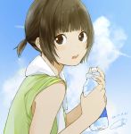  1girl bangs bare_shoulders blue_sky blush bottle brown_eyes brown_hair clouds dated day eyebrows_visible_through_hair from_side green_shirt highres holding holding_bottle looking_at_viewer looking_to_the_side loud open_mouth original sako_(user_ndpz5754) shirt short_hair short_ponytail short_sleeves sidelocks signature sky solo sweat tareme towel towel_around_neck upper_body water_bottle 