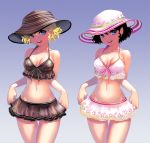  1girl :d alternate_color alternate_hairstyle bikini_bottom black_hair breasts breasts_apart camisole cecilia_(pangya) collarbone cowboy_shot gradient gradient_background groin hair_between_eyes hat head_tilt kamdia looking_at_viewer medium_breasts miniskirt multiple_views navel open_mouth pangya see-through short_hair skirt smile star star_print sun_hat thigh_gap wavy_hair 