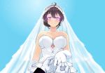  absurdres ahoge bare_shoulders beifeng_han black_hair blue_background blush breasts cleavage dress hair_between_eyes highres jewelry large_breasts looking_at_viewer miyaura_sanshio original outstretched_arm pov pov_hands ring smile strapless strapless_dress veil violet_eyes wedding_dress wedding_ring 