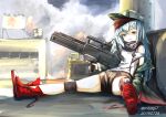  1girl absurdres assault_rifle blush_stickers brown_eyes city commentary_request dated full_body g11_(girls&#039;_frontline) girls_frontline green_headwear green_jacket grey_hair gun h&amp;k_g11 hair_between_eyes hat highres holding holding_gun holding_weapon jacket knee_pads long_hair miyopiwi parted_lips red_footwear rifle scarf_on_head shirt sitting solo twitter_username weapon white_shirt 
