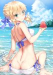  1girl :t ahoge aqua_eyes artoria_pendragon_(all) artoria_pendragon_(swimsuit_archer) ass bangs barefoot bikini blonde_hair blue_ribbon blue_sky blush braid breasts butt_crack clouds day dimples_of_venus eating eyebrows_visible_through_hair fate/grand_order fate_(series) food food_on_face french_braid from_behind fruit hair_ribbon holding holding_fruit horizon looking_at_viewer looking_back medium_breasts ocean outdoors partially_submerged revision ribbon rong_yi_tan saber side-tie_bikini sidelocks sitting sky solo summer swimsuit wariza water water_gun watermelon wet 