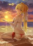  ass beach crystal_shoujo day fate_(series) highres looking_at_viewer looking_back nero_claudius_(swimsuit_caster)_(fate) ocean outdoors saber_extra sitting sky sunset wariza water wet wet_clothes 
