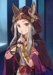  1girl blush brown_eyes cloak commentary_request erun_(granblue_fantasy) finger_to_mouth granblue_fantasy grin hand_on_own_chest head_tilt hinami_(hinatamizu) long_hair looking_at_viewer revision silver_hair skasaha_(granblue_fantasy) smile solo 