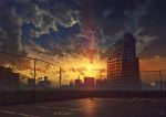  broken building clouds cloudy_sky commentary_request fence mocha_(cotton) no_humans outdoors parking_lot plant ruins scenery sky skyline skyscraper sunset tree 