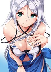  1girl adapted_costume bikini blue_eyes braid breasts fingernails gradient gradient_background highres kamelie kantai_collection large_breasts long_hair mole mole_under_eye silver_hair single_braid smile solo swimsuit umikaze_(kantai_collection) very_long_hair 