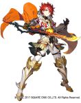  1boy armor cape closed_mouth commentary_request full_body gauntlets grimms_notes high_collar holding holding_sword holding_weapon ignis_verfleim legs_apart male_focus matsui_hiroaki official_art pants red_eyes redhead simple_background solo standing sword watermark weapon white_background 