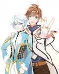 2boys :d blue_shirt brown_hair brown_pants earrings eyebrows_visible_through_hair gloves green_eyes hair_between_eyes hand_on_another&#039;s_shoulder hand_on_hip jewelry looking_at_viewer mibu_(1064493753) mikleo_(tales) multiple_boys open_mouth pants shirt silver_hair simple_background smile sorey_(tales) standing tales_of_(series) tales_of_zestiria v violet_eyes white_background white_gloves white_pants 