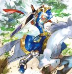  1boy animal armor blue_eyes cape cosplay durandal_(fire_emblem) eliwood_(fire_emblem) eliwood_(fire_emblem)_(cosplay) fire_emblem fire_emblem:_fuuin_no_tsurugi fire_emblem:_rekka_no_ken fire_emblem_heroes headband horse male_focus noki_(affabile) redhead roy_(fire_emblem) short_hair smile solo sword weapon 