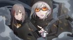  2girls blood blood_on_face brown_eyes brown_hair chinese commentary_request facial_scar girls_frontline grey_hair hair_between_eyes hair_down hood hooded_jacket jacket ksg_(girls_frontline) long_hair multiple_girls one_eye_closed open_mouth parted_lips protecting scar scar_across_eye shield shooting_glasses smile smoke sparks ump45_(girls_frontline) xiu_jiayihuizi 